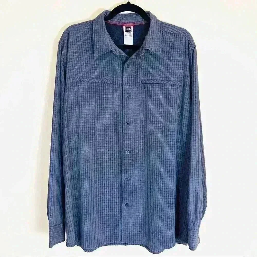 The North Face Gray Plaid Outdoor Fishing Hiking Zip Pocket Button Shirt Size L